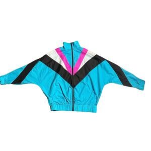 Vintage Nylon Large Track Turquoise Pink Colorblock 80s Sportswear Jacket